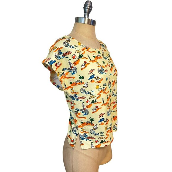 Roller Rabbit Beach Print Yellow Short Sleeve Cotton Top Womens Small - Picture 2 of 5